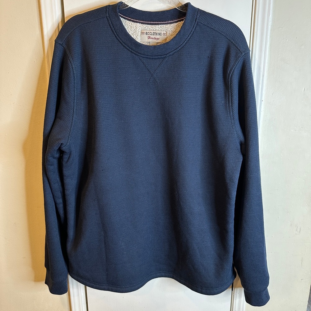 Mens Navy Waffle Knit Sherpa Lined Crew Neck Sweatshirt L Winter Outdoors Hiking